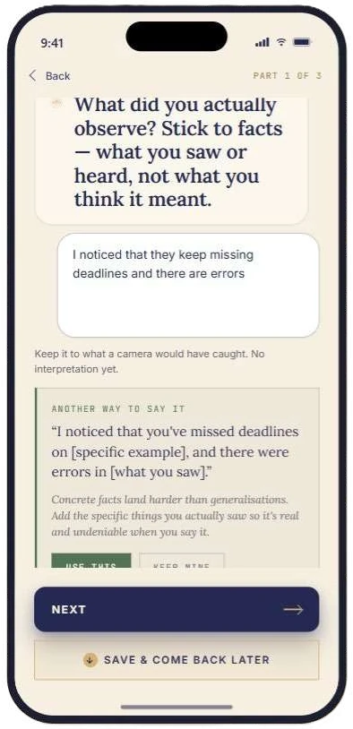 A practice screen asking what the user actually observed, with a suggested way to say it that sticks to the facts