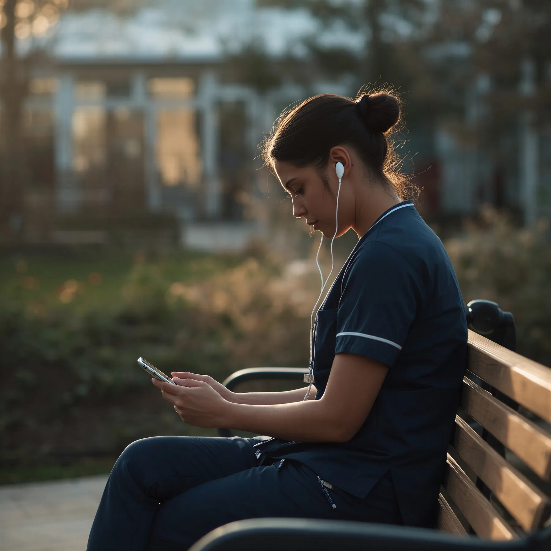 A nurse in navy scrubs sitting on a bench in a hospital garden at golden hour, wearing earphones and looking at her phone