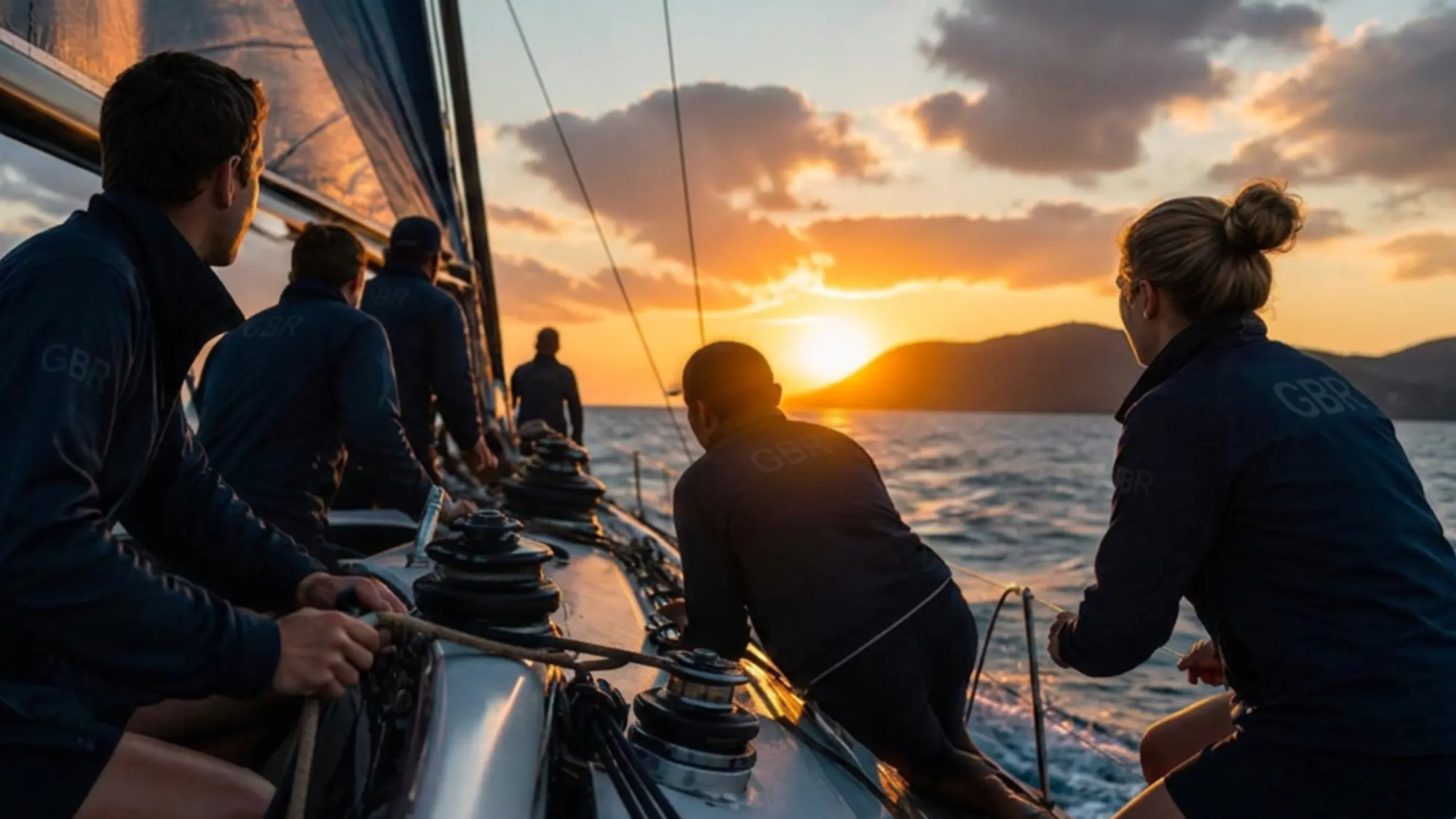 A racing crew on the deck of a sailboat at sunset, working together in matching blue gear; the helmsman steers, others handle ropes and winches, the sky breaks gold over the horizon.